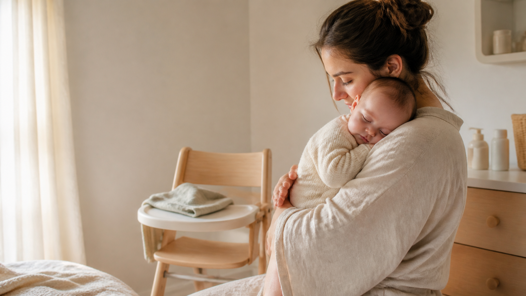 Mutter mit Baby in ruhigem Kinderzimmer
